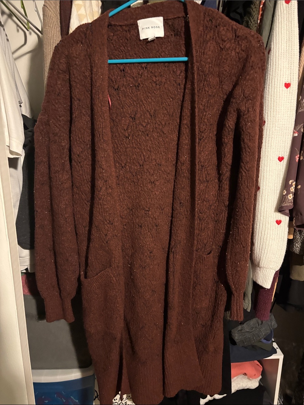 Pink Rose Chocolate Brown Open Cardigan with Pockets